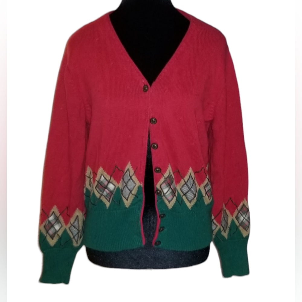 Susan Bristol beautiful cardigan sweater with argyle detail.